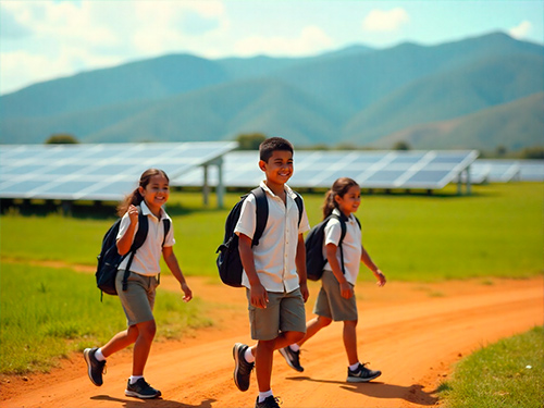 Imagen-ilustrativa-niños-caminando-y-paneles-solares